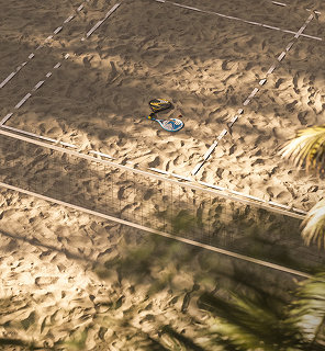 Vista superior da areia clara riscada, com bola e sombras de palmeira.