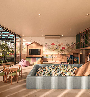 Piscina de bolinhas, casinha de madeira, mural infantil e mesa de atividades.