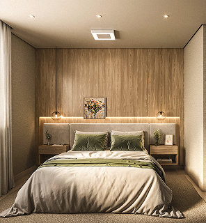 Cama de casal com roupa clara e verde, painel amadeirado, pendentes e quadro floral.