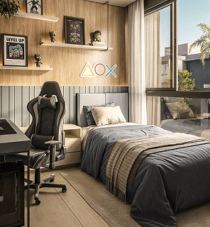 Cama de solteiro cinza, cadeira gamer, prateleiras com colecionáveis e luminária de neon.